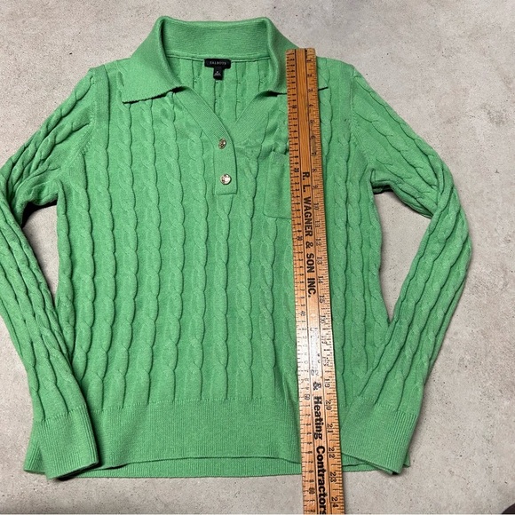 TALBOTS Johnny Collar Cable Knit Sweater Women’s Green Classic Polo Pullover M - Picture 7 of 8
